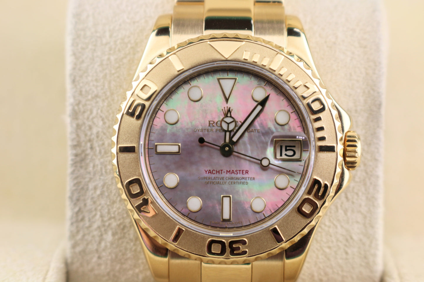 2009 Rolex Yacht-Master 168628 Tahitian MOP Dial 18k Oyster Engraved Rehaut 35mm