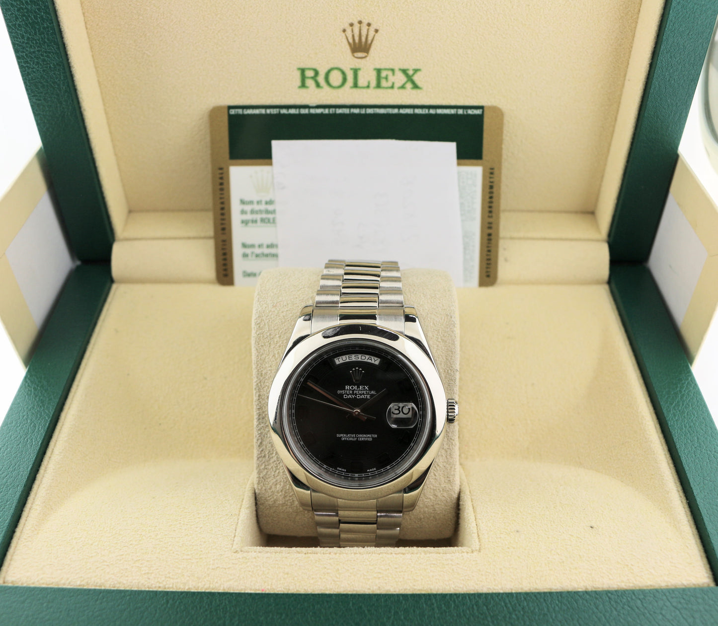 2011 Rolex Platinum Day-Date 218206 Black Arabic Dial President With Papers 41mm