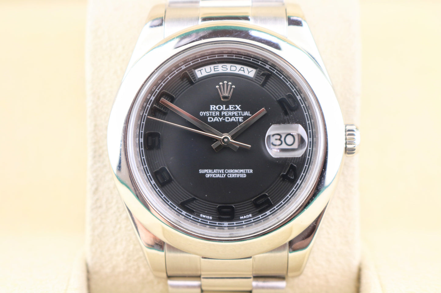 2011 Rolex Platinum Day-Date 218206 Black Arabic Dial President With Papers 41mm