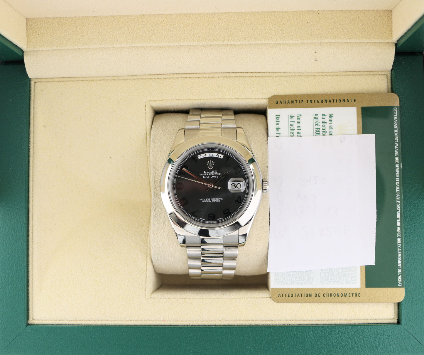2011 Rolex Platinum Day-Date 218206 Black Arabic Dial President With Papers 41mm