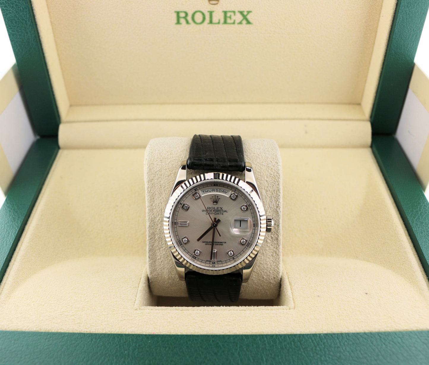 2006 Rolex DayDate 118239 Silver Diamond Dial Leather Strap 18kt White Gold 36mm