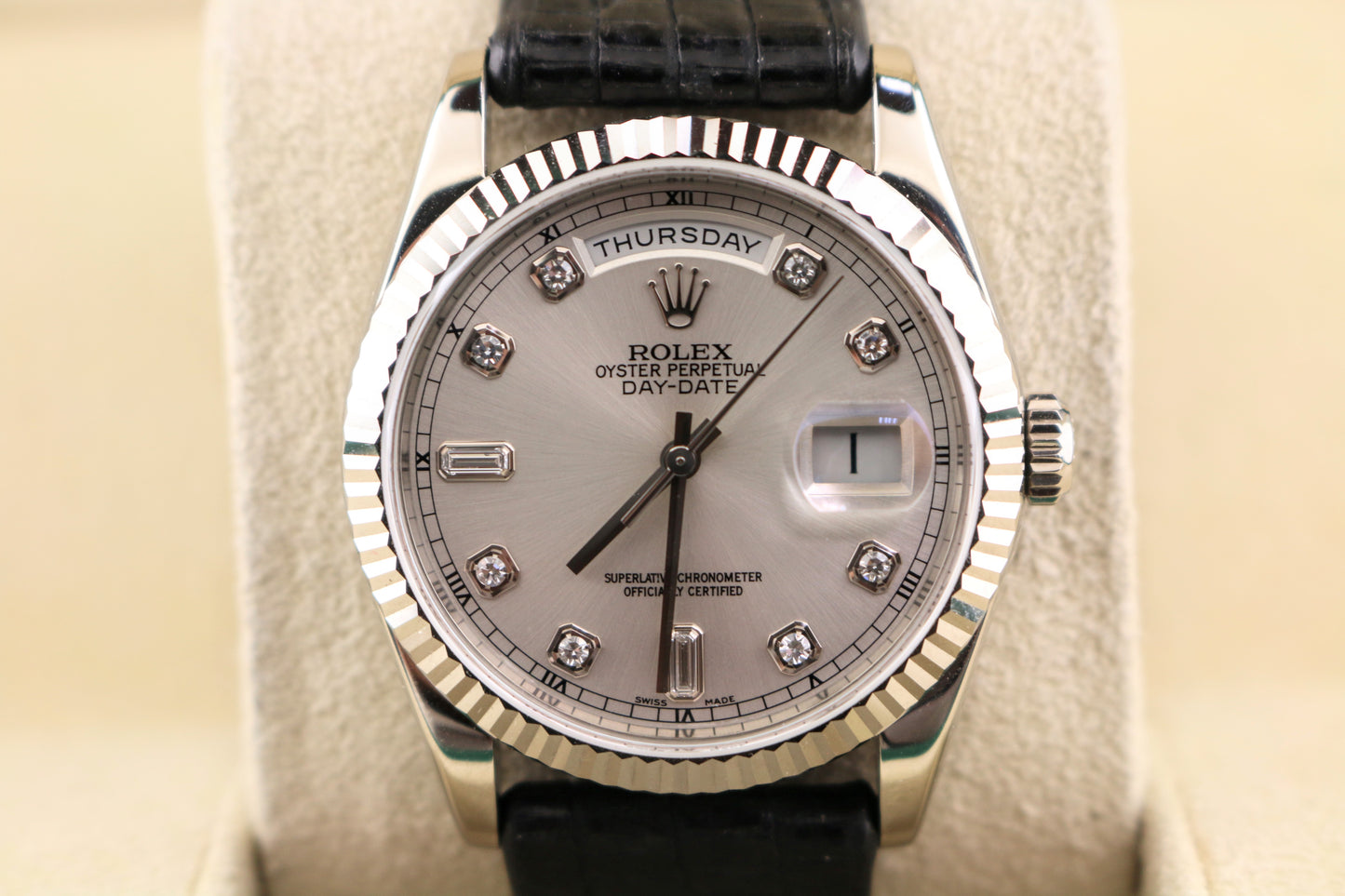 2006 Rolex DayDate 118239 Silver Diamond Dial Leather Strap 18kt White Gold 36mm