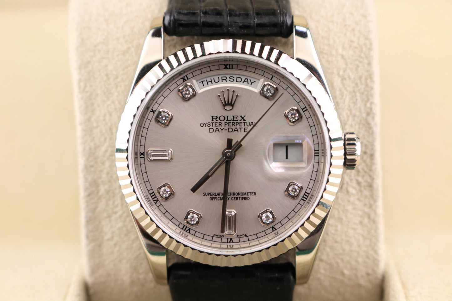 2006 Rolex DayDate 118239 Silver Diamond Dial Leather Strap 18kt White Gold 36mm