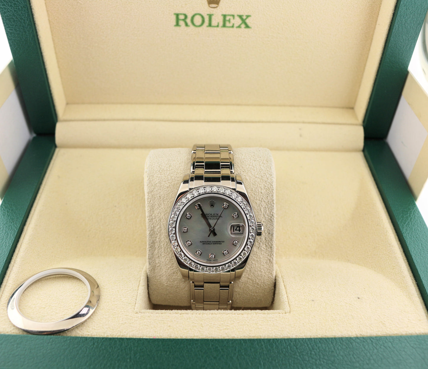 2002 Rolex Ladies 81209 MOP Diamond Dial and Bezel WG 18kt Pearlmaster 34mm