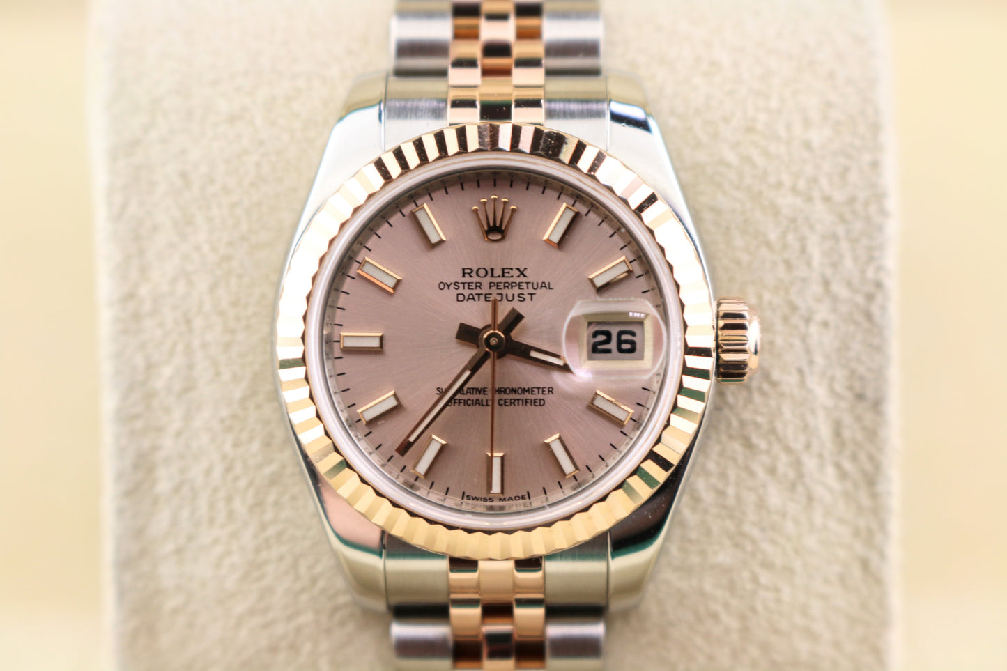 2007 Rolex Datejust 179171 Pink Stick Dial TT Jubilee Rose With Papers 26mm