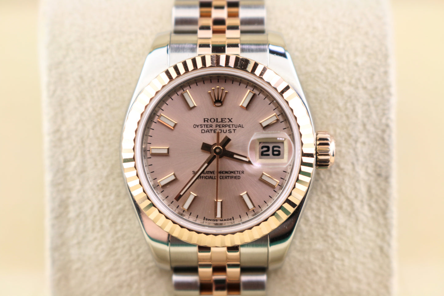 2007 Rolex Datejust 179171 Pink Stick Dial TT Jubilee Rose With Papers 26mm