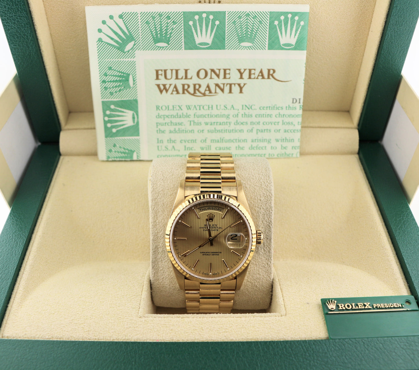 Rolex Day-Date 18238 Champagne Tapestry Dial 18kt President W/ Open Papers 36mm