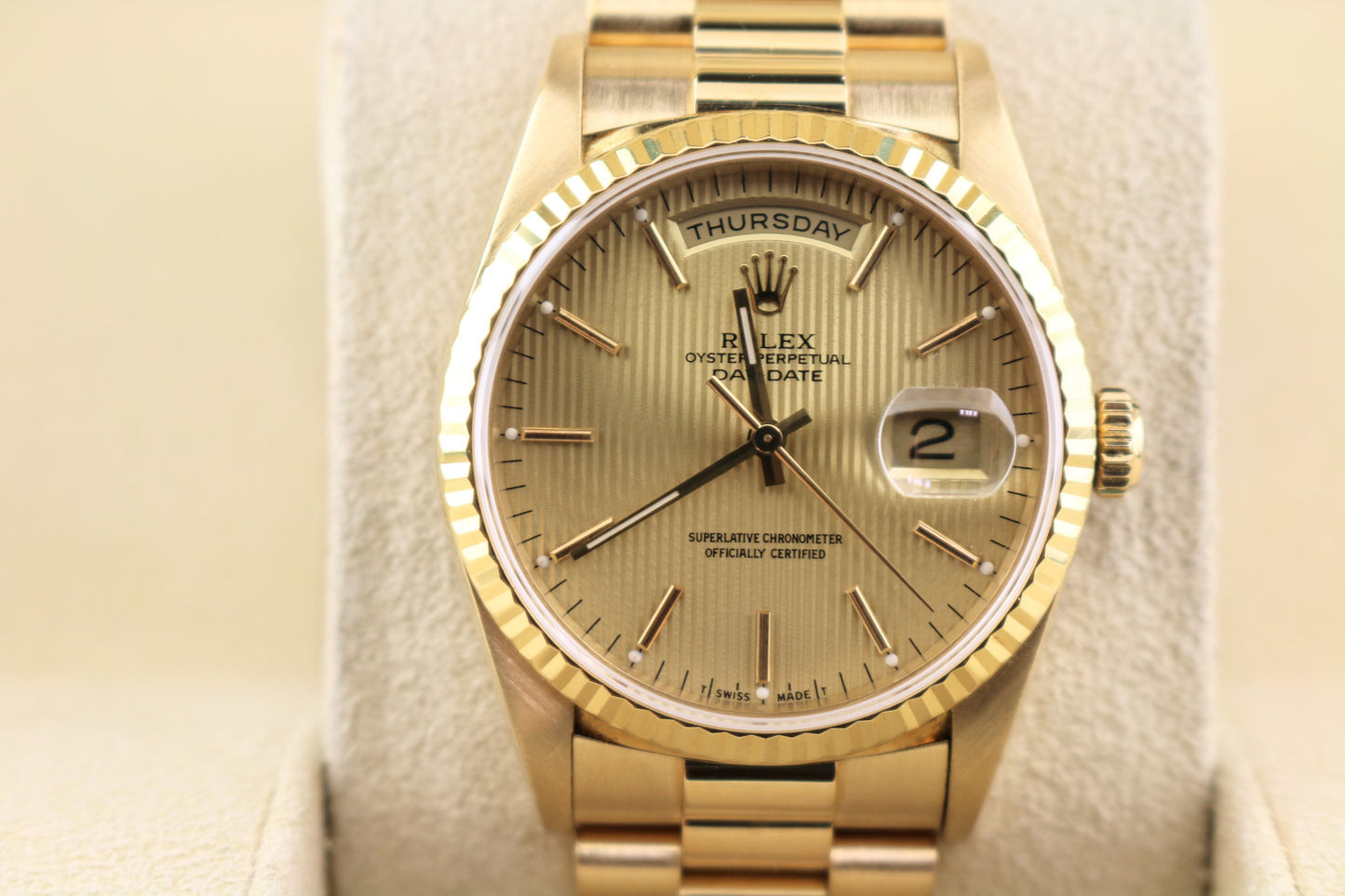 Rolex Day-Date 18238 Champagne Tapestry Dial 18kt President W/ Open Papers 36mm