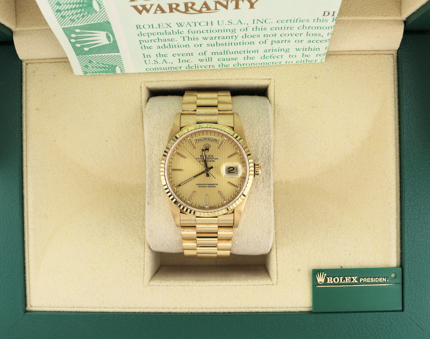 Rolex Day-Date 18238 Champagne Tapestry Dial 18kt President W/ Open Papers 36mm