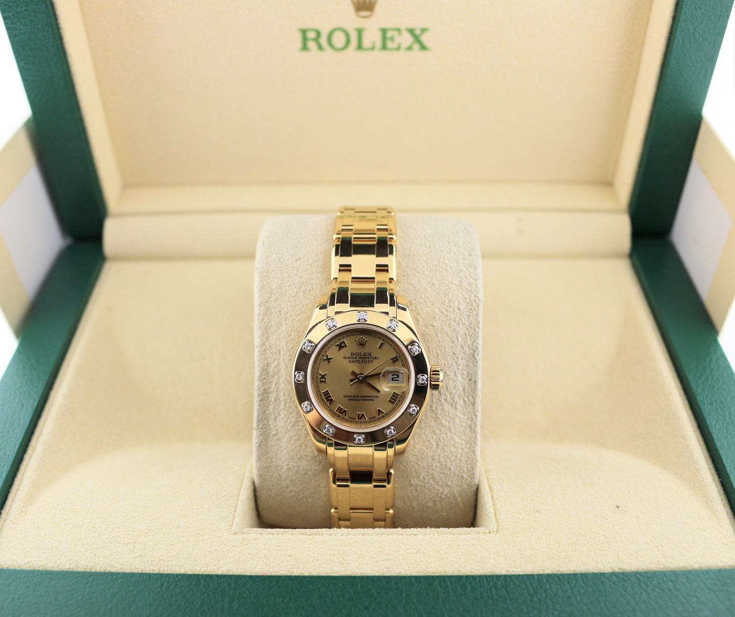 2000 Rolex Ladies Pearlmaster 80318 Champagne Roman Dial YG 18k No Papers 29mm