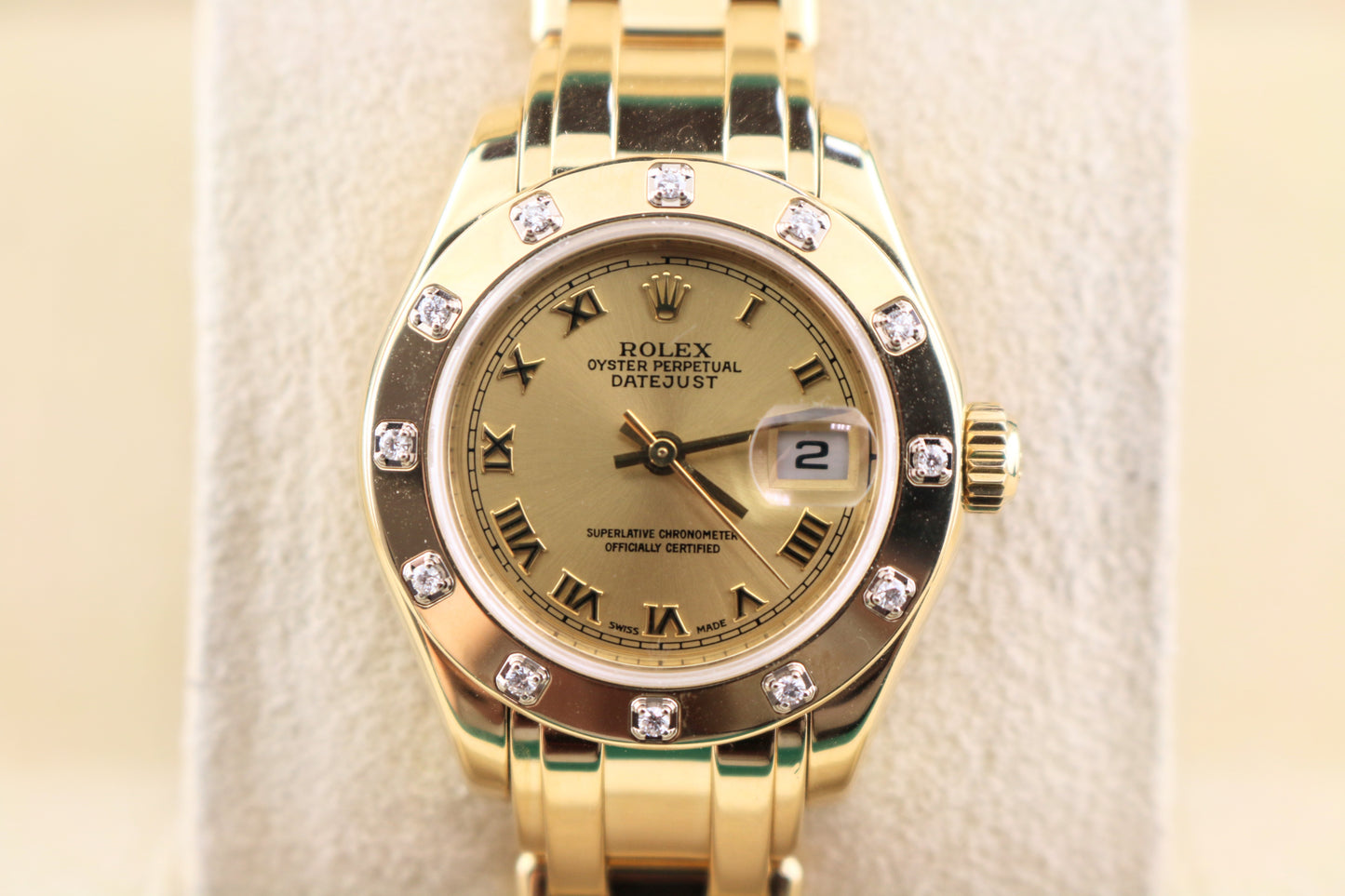 2000 Rolex Ladies Pearlmaster 80318 Champagne Roman Dial YG 18k No Papers 29mm