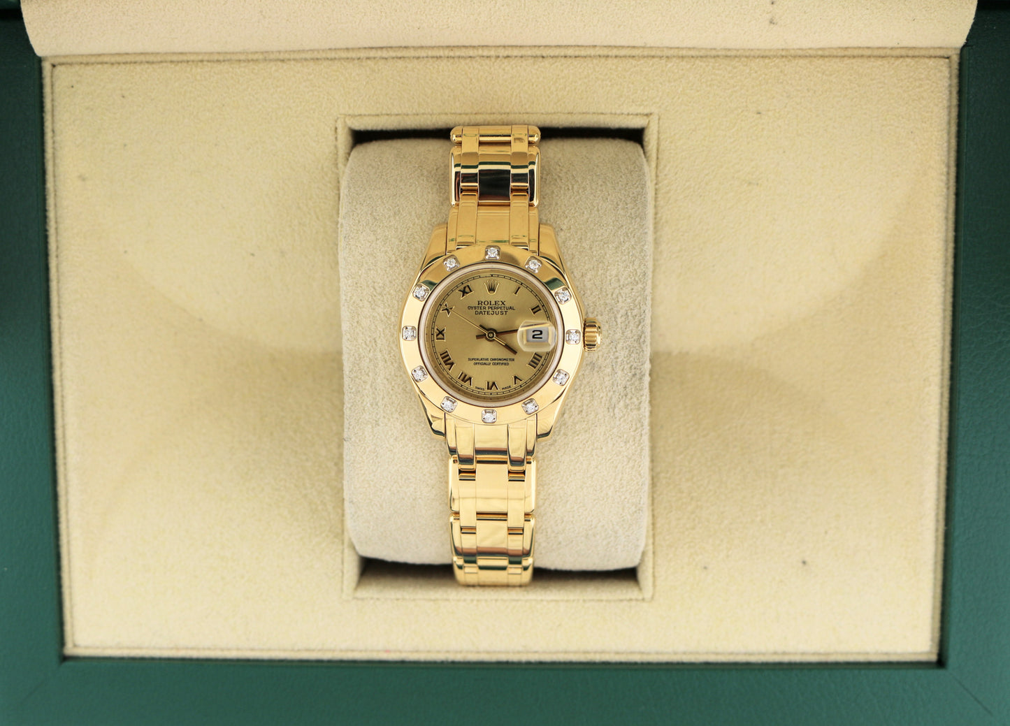 2000 Rolex Ladies Pearlmaster 80318 Champagne Roman Dial YG 18k No Papers 29mm