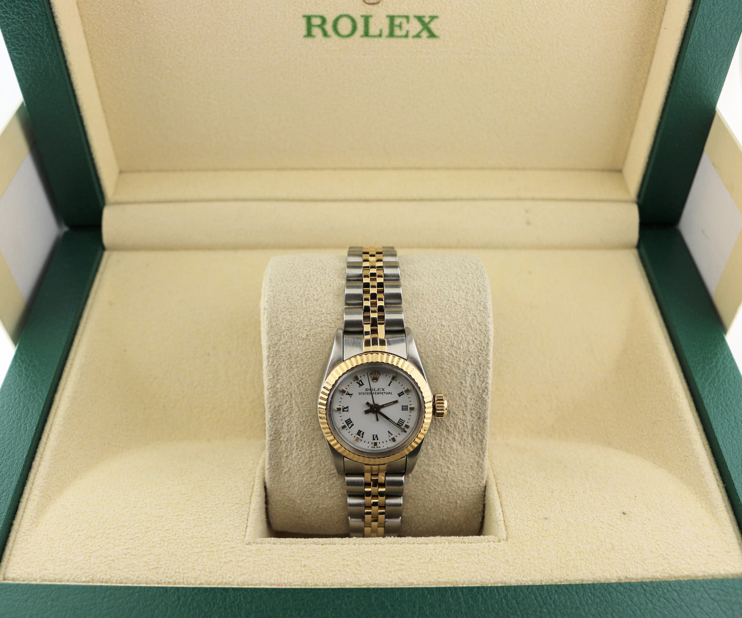 1986 Rolex Ladies Oyster Perpetual 67193 White Roman Dial TT 18kt Jubilee 24mm