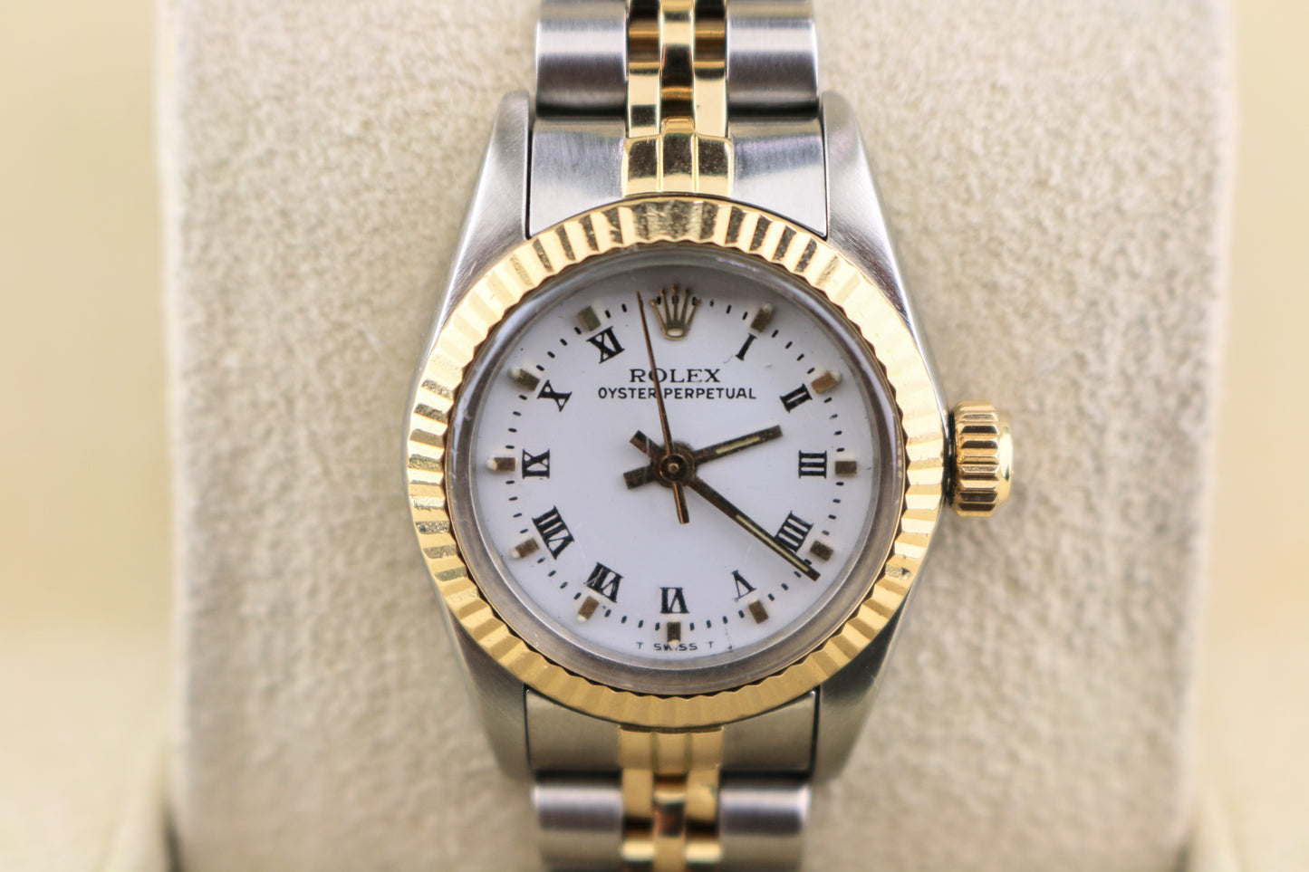 1986 Rolex Ladies Oyster Perpetual 67193 White Roman Dial TT 18kt Jubilee 24mm