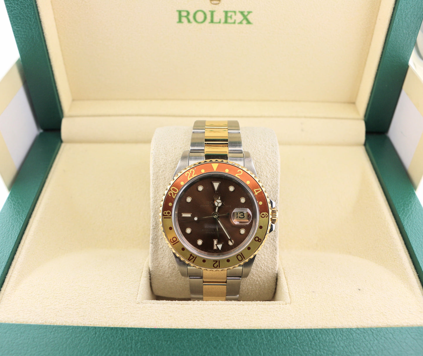 2001 Rolex GMT-Master II 16713 Root Beer Dial TT Oyster Gold Through Buckle 40mm