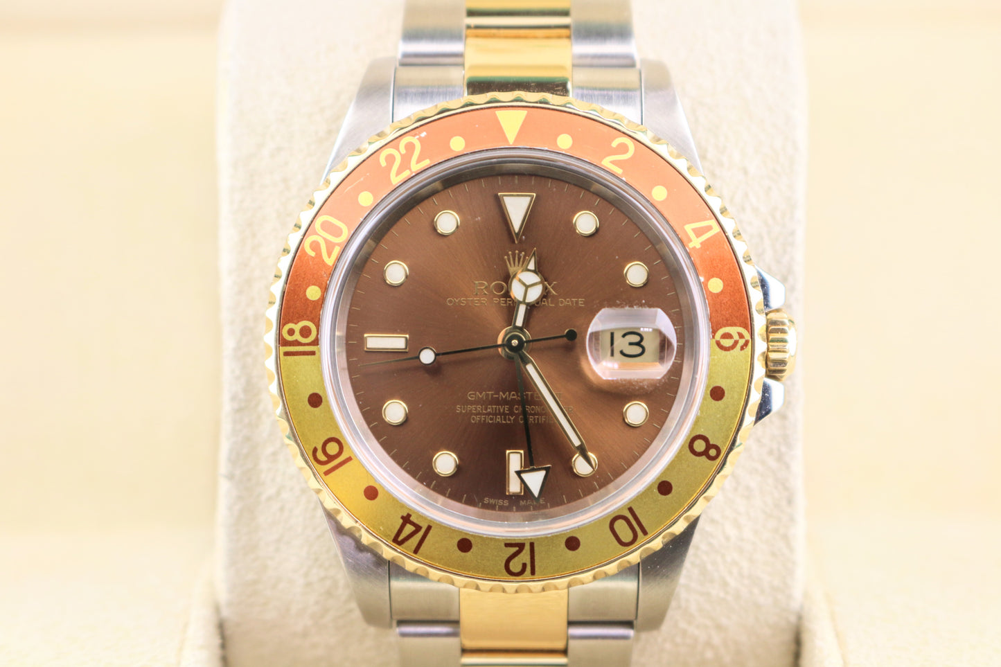 2001 Rolex GMT-Master II 16713 Root Beer Dial TT Oyster Gold Through Buckle 40mm