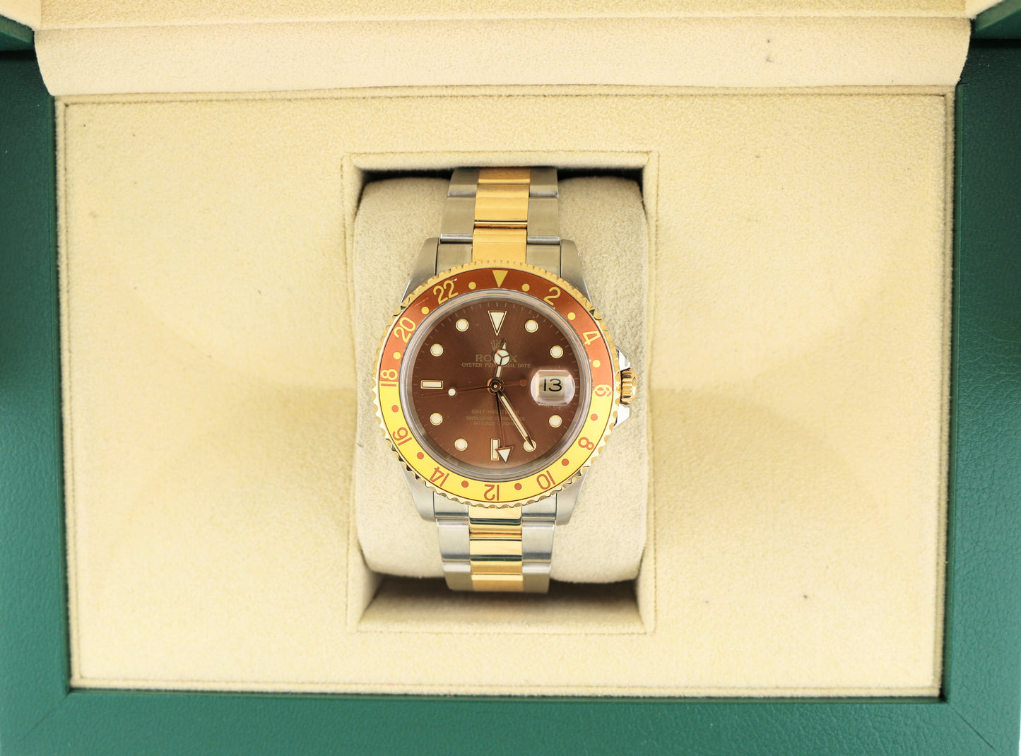 2001 Rolex GMT-Master II 16713 Root Beer Dial TT Oyster Gold Through Buckle 40mm
