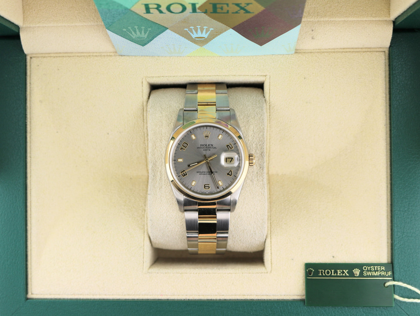 2005 Rolex Date 15203 Rhodium Dial TT 18kt with Papers 34mm