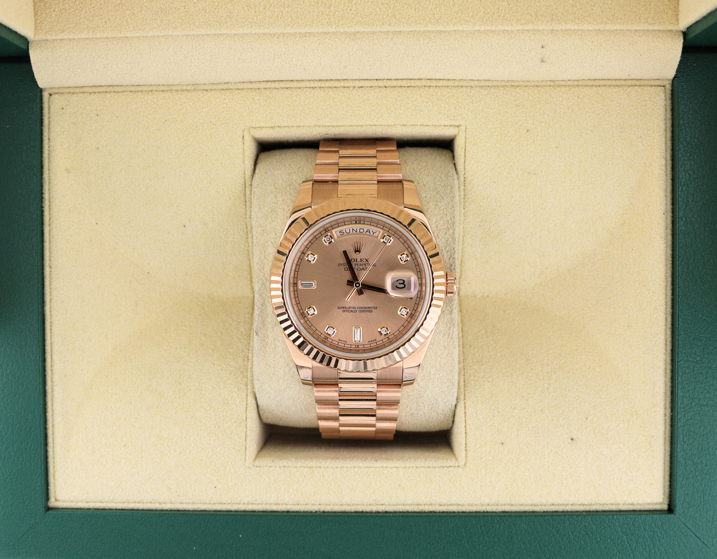 2016 Rolex Day-Date 218235 Rose Diamond Dial Rose Gold President 18kt No Papers