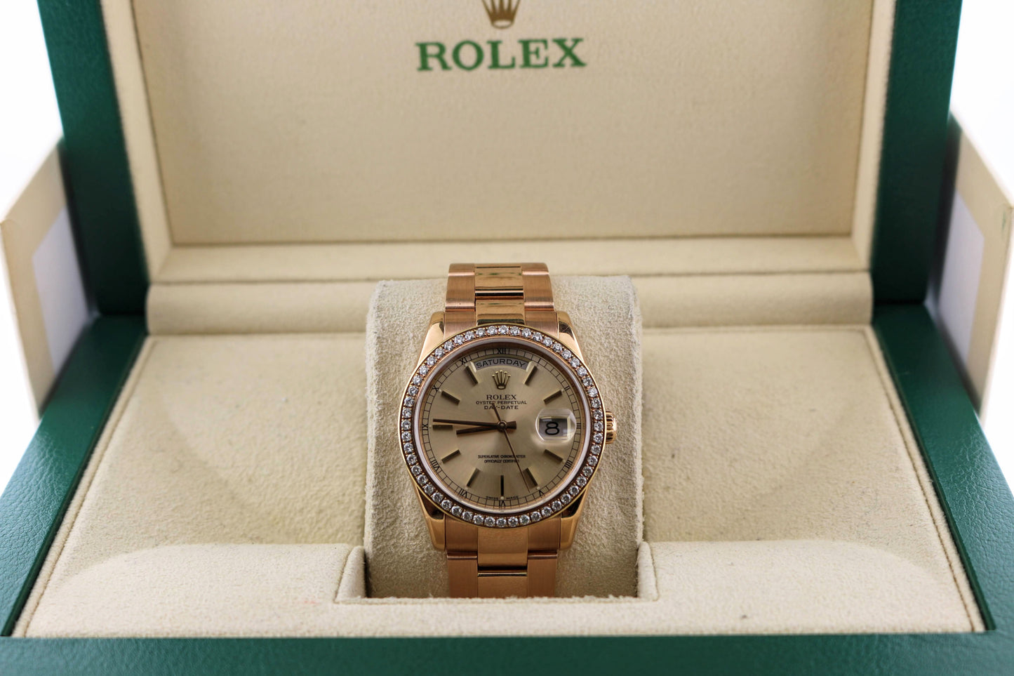 2002 Rolex Day-Date 118205 Everrose Dial 18kt Rose Gold W/Diamond Bezel 36mm