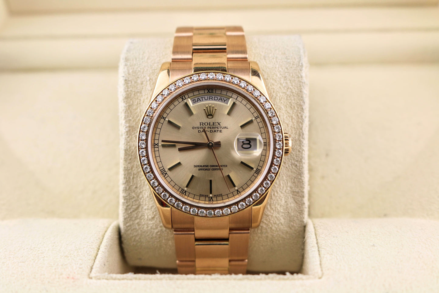 2002 Rolex Day-Date 118205 Everrose Dial 18kt Rose Gold W/Diamond Bezel 36mm