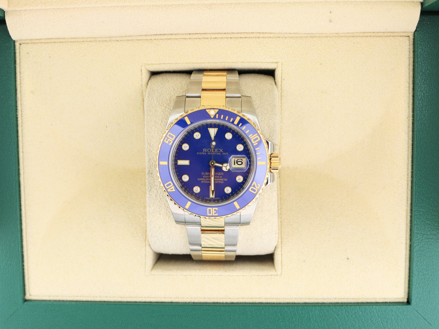 2011 Rolex Submariner 116613LB Blue Diamond Dial TT 18kt Oyster With Papers 40mm
