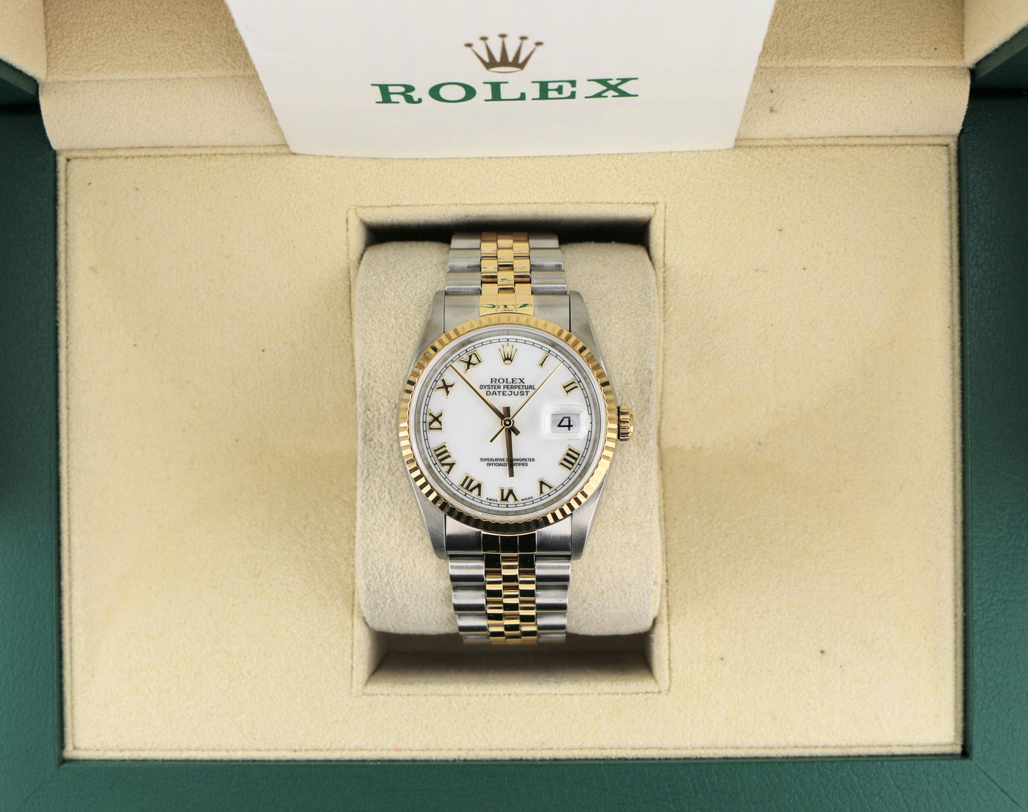 2000 Rolex Datejust 16233 White Roman Dial TT Jubilee With Papers 36mm