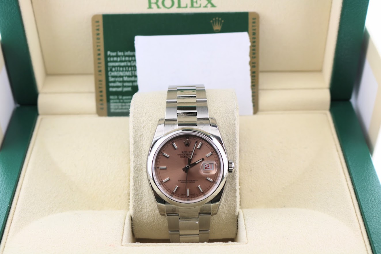 Unworn 2008 Rolex Datejust 116200 Pink Stick Dial SS Oyster W/Papers 36mm