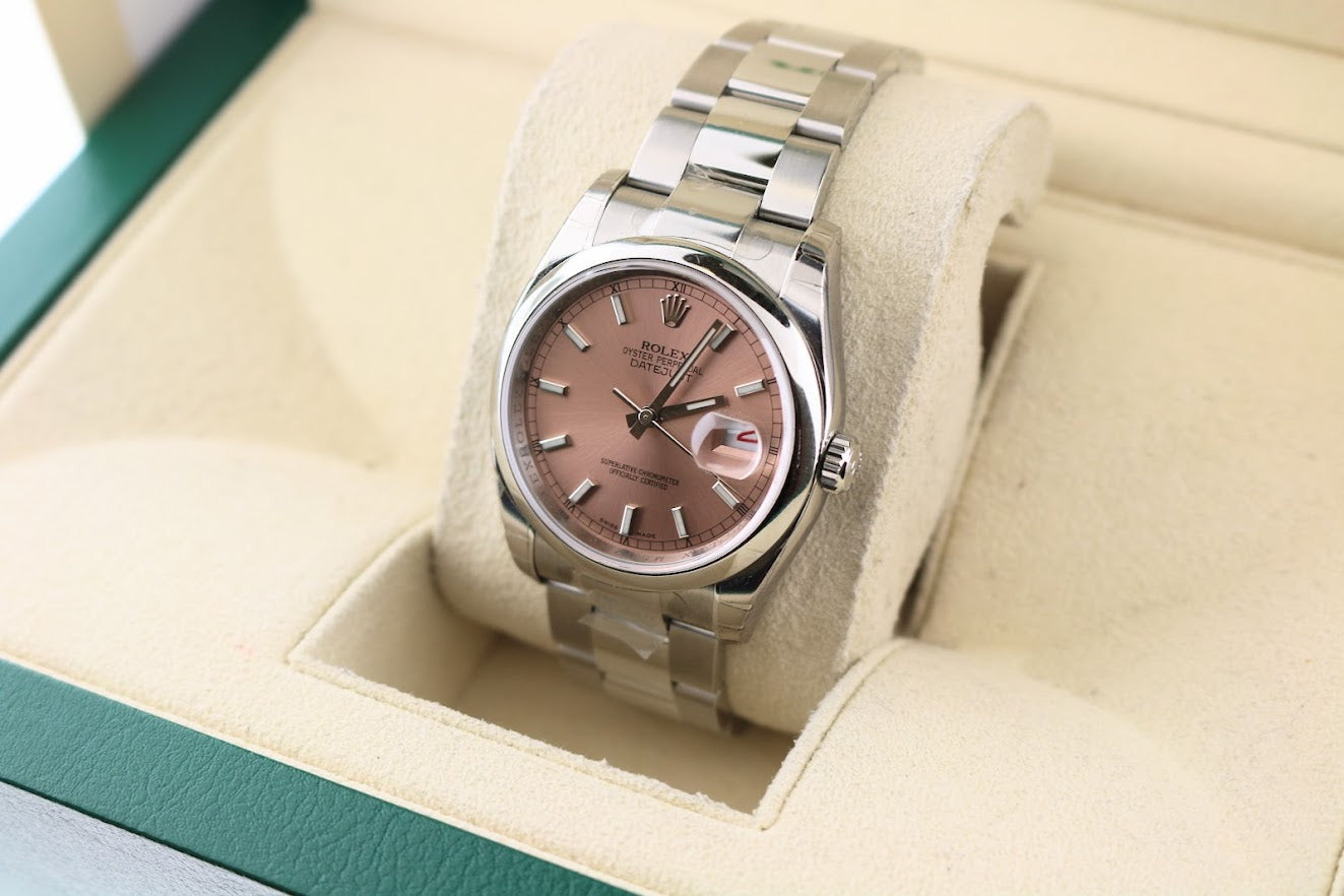 Unworn 2008 Rolex Datejust 116200 Pink Stick Dial SS Oyster W/Papers 36mm