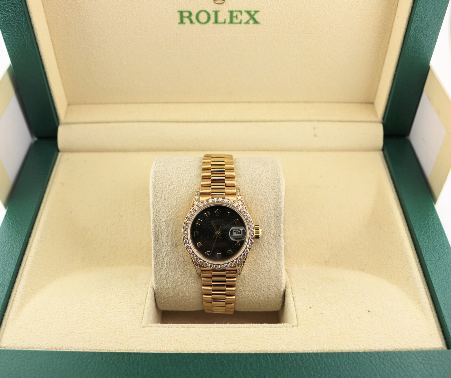 Rolex Datejust 69038 Black Anniversary Dial Diamond Case 18kt YG President 26mm