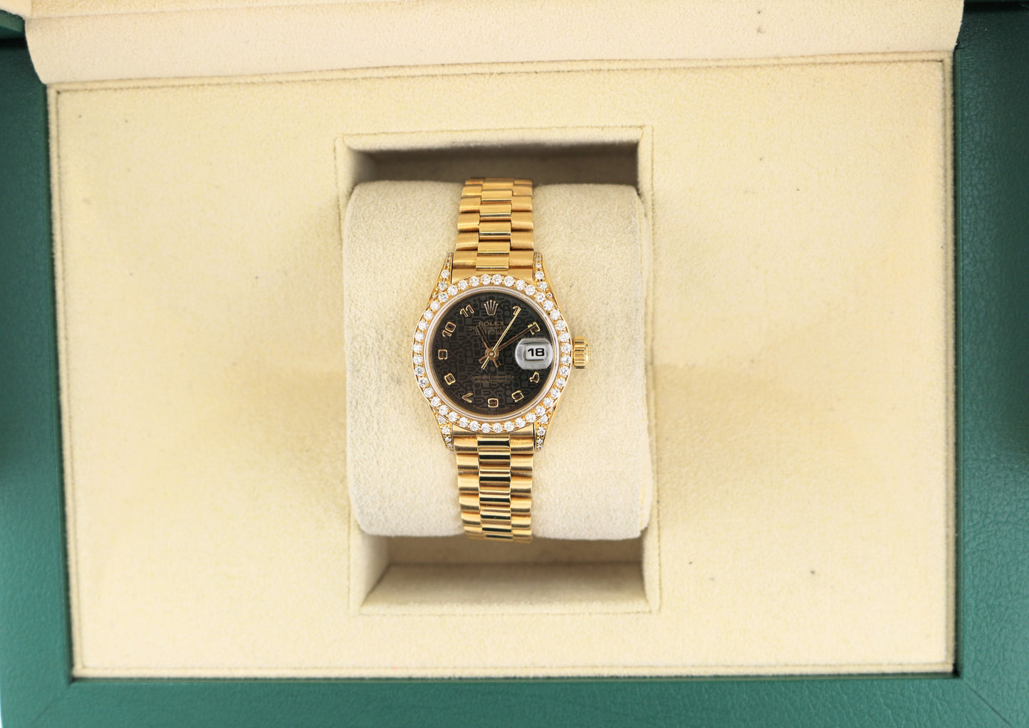 Rolex Datejust 69038 Black Anniversary Dial Diamond Case 18kt YG President 26mm