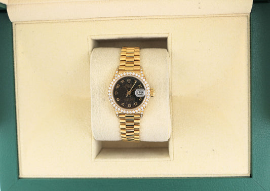 Rolex Datejust 69038 Black Anniversary Dial Diamond Case 18kt YG President 26mm