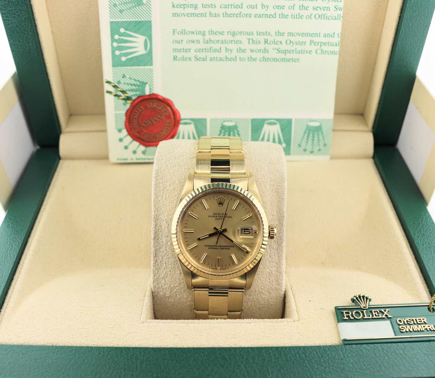 1987 Rolex Date 15037 Champagne Dial 14kt YG Rivet Oyster With Papers 34mm