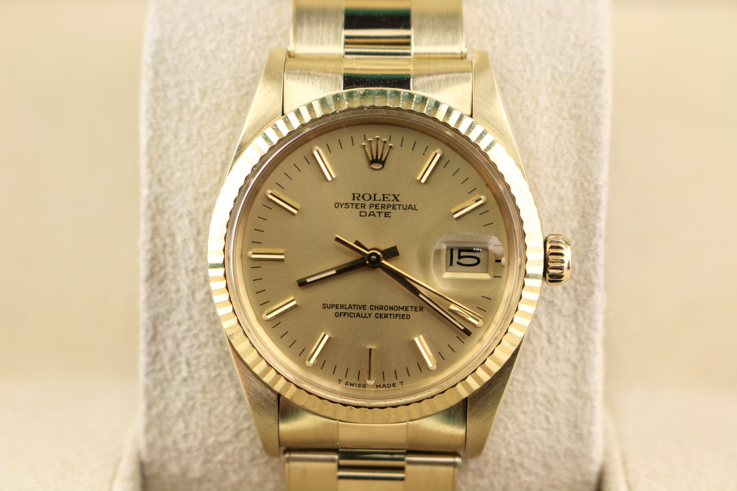 1987 Rolex Date 15037 Champagne Dial 14kt YG Rivet Oyster With Papers 34mm