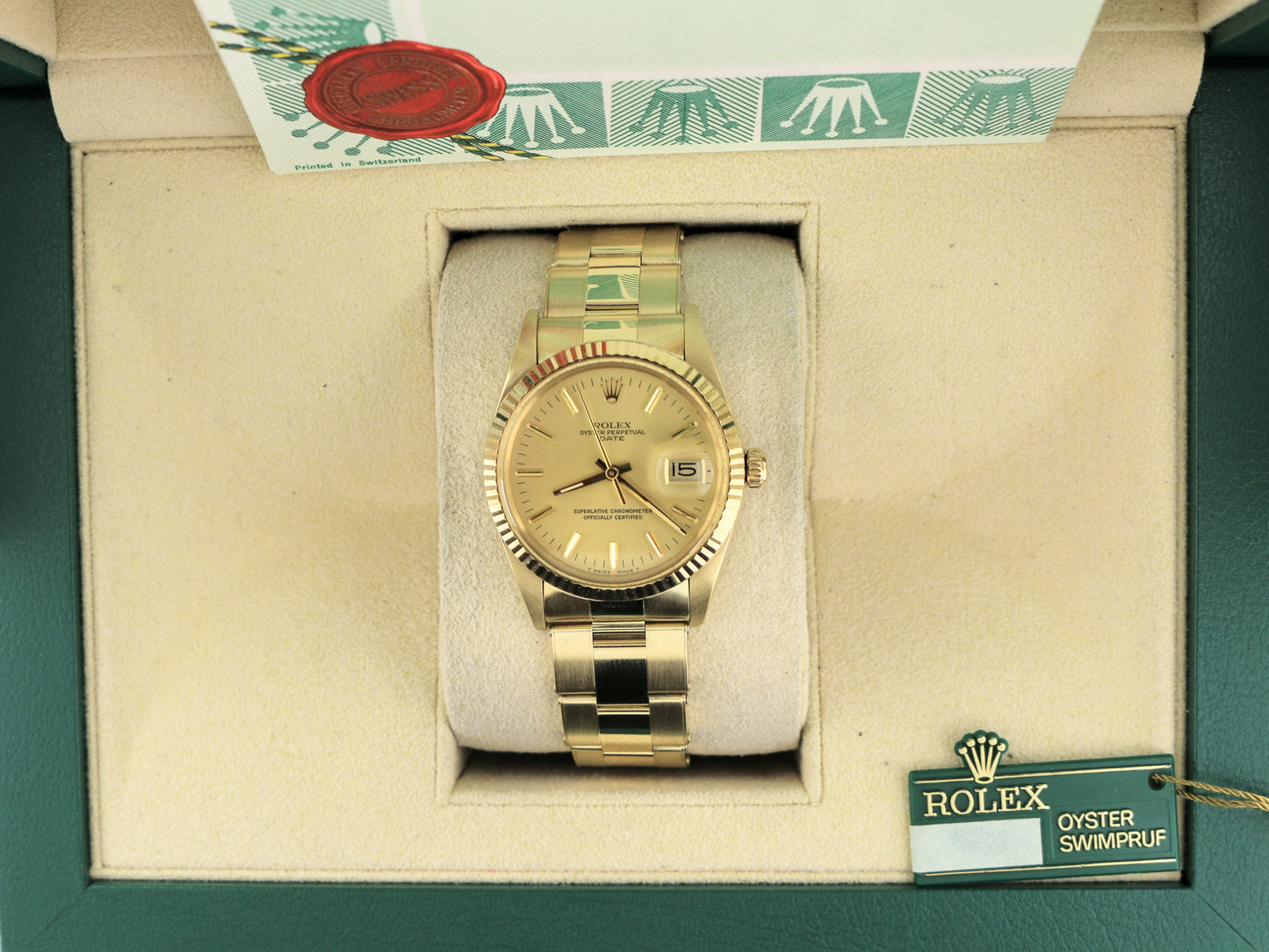 1987 Rolex Date 15037 Champagne Dial 14kt YG Rivet Oyster With Papers 34mm