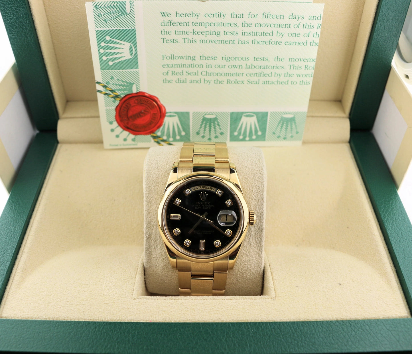 2001 Rolex President 118208 Black Diamond Dial 18kt Oyster With Papers 36mm