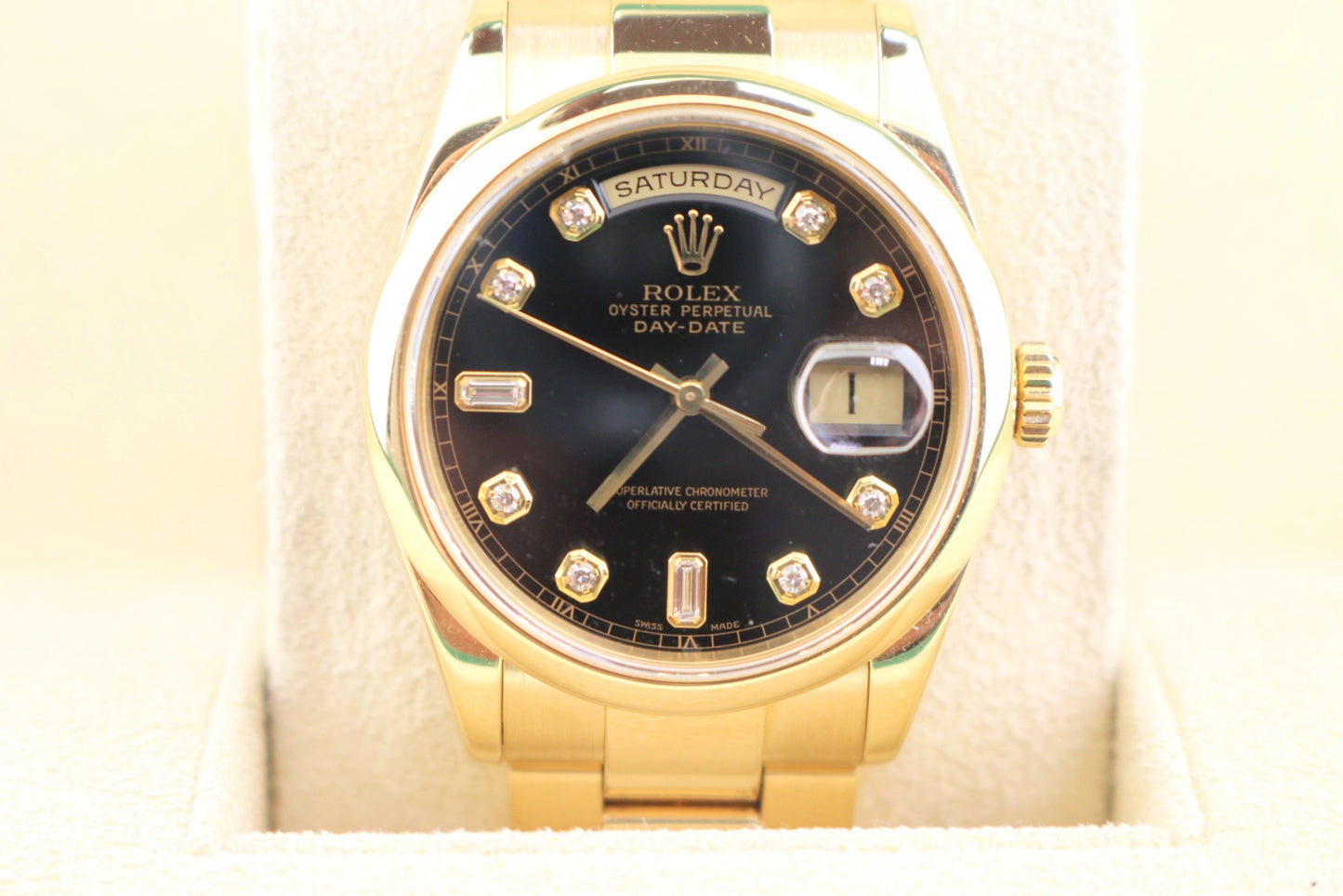 2001 Rolex President 118208 Black Diamond Dial 18kt Oyster With Papers 36mm