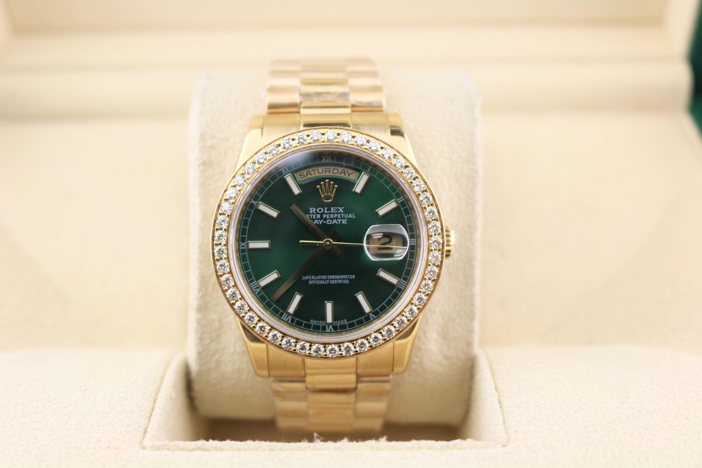 2018 Rolex Day-Date 118208 Green Dial + Diamond Bezel President No Papers 36mm