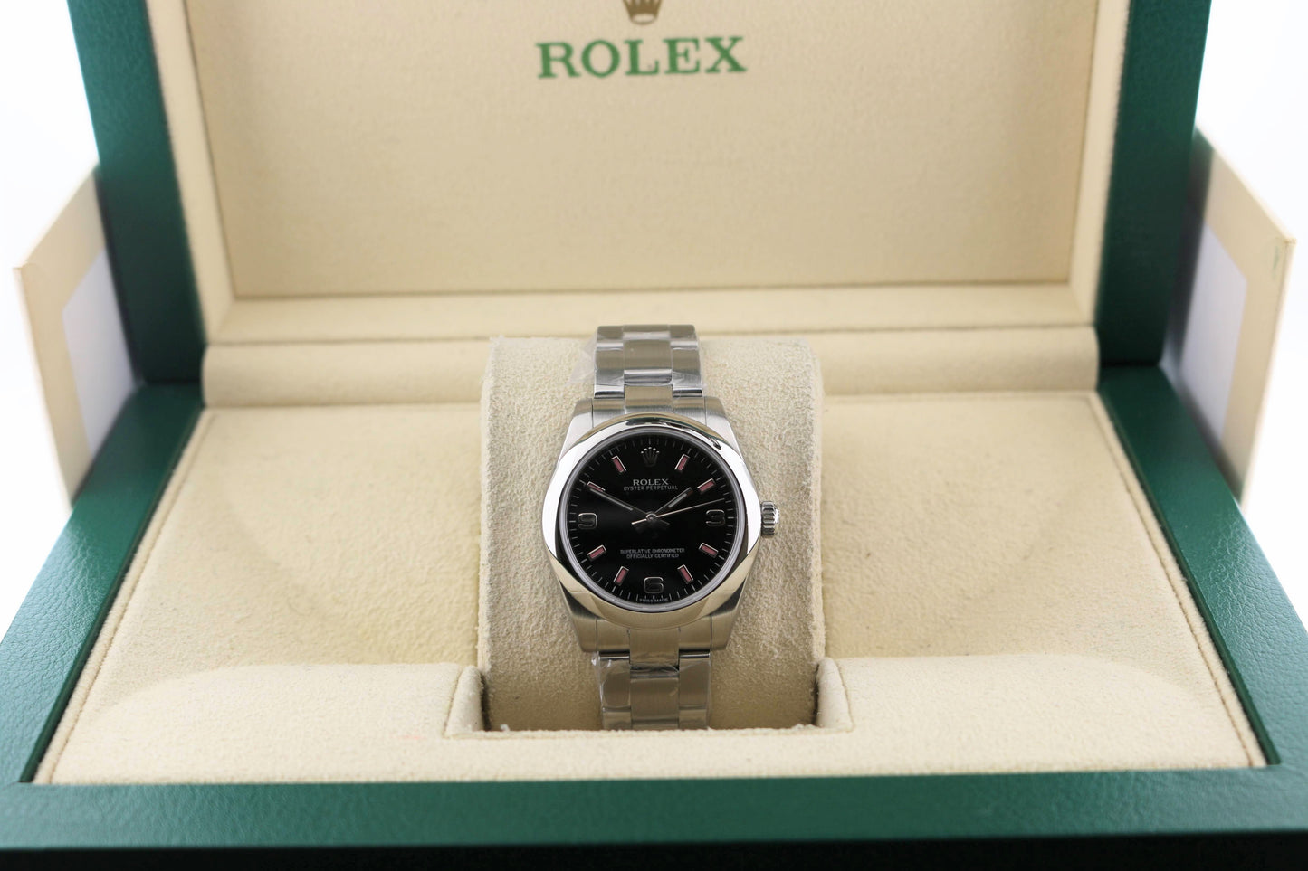2014 Rolex Oyster Perpetual 177200 Midsize Black Pink Stick Dial SS Oyster 31mm