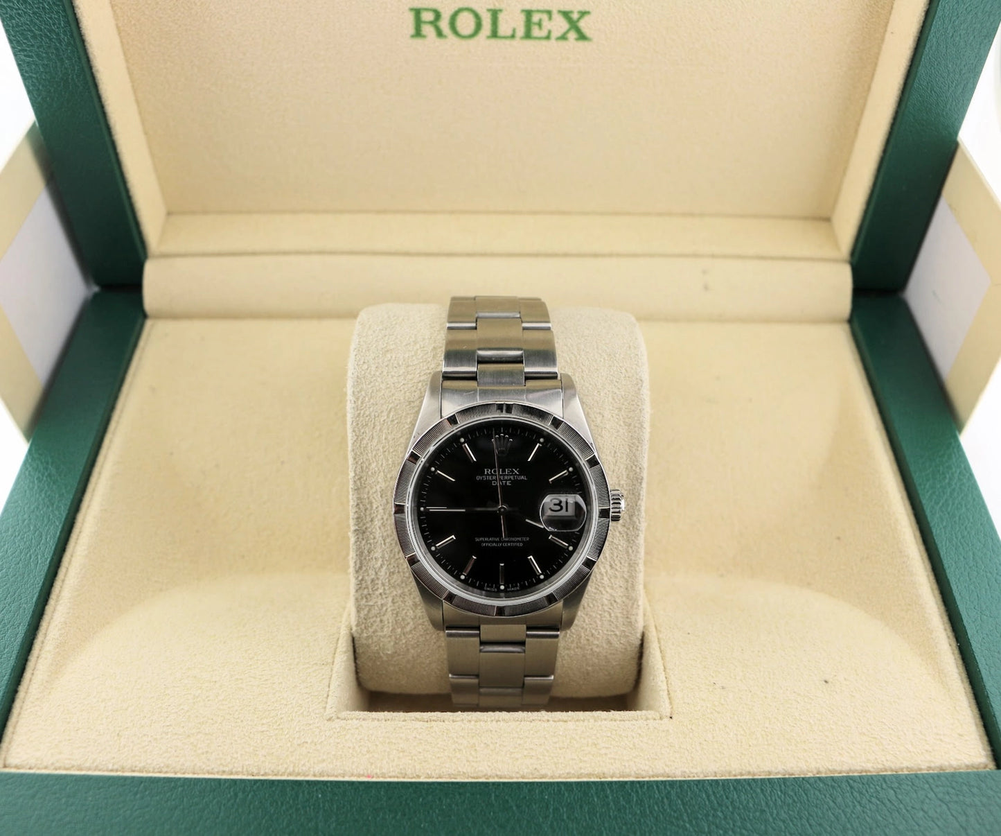 2007 Rolex Date 15210 Engine Turned Black Dial SS Oyster No Papers 34mm