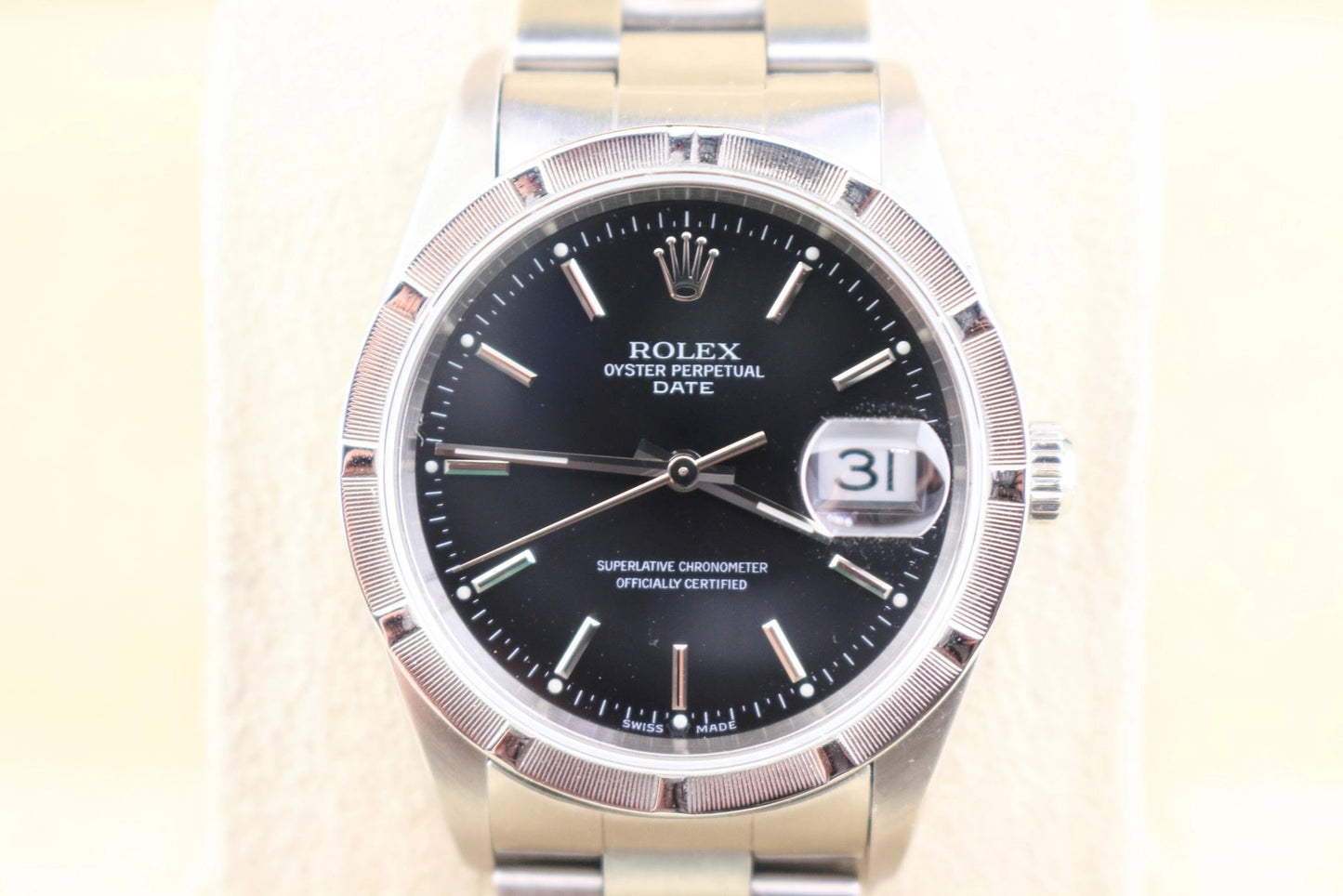 2007 Rolex Date 15210 Engine Turned Black Dial SS Oyster No Papers 34mm