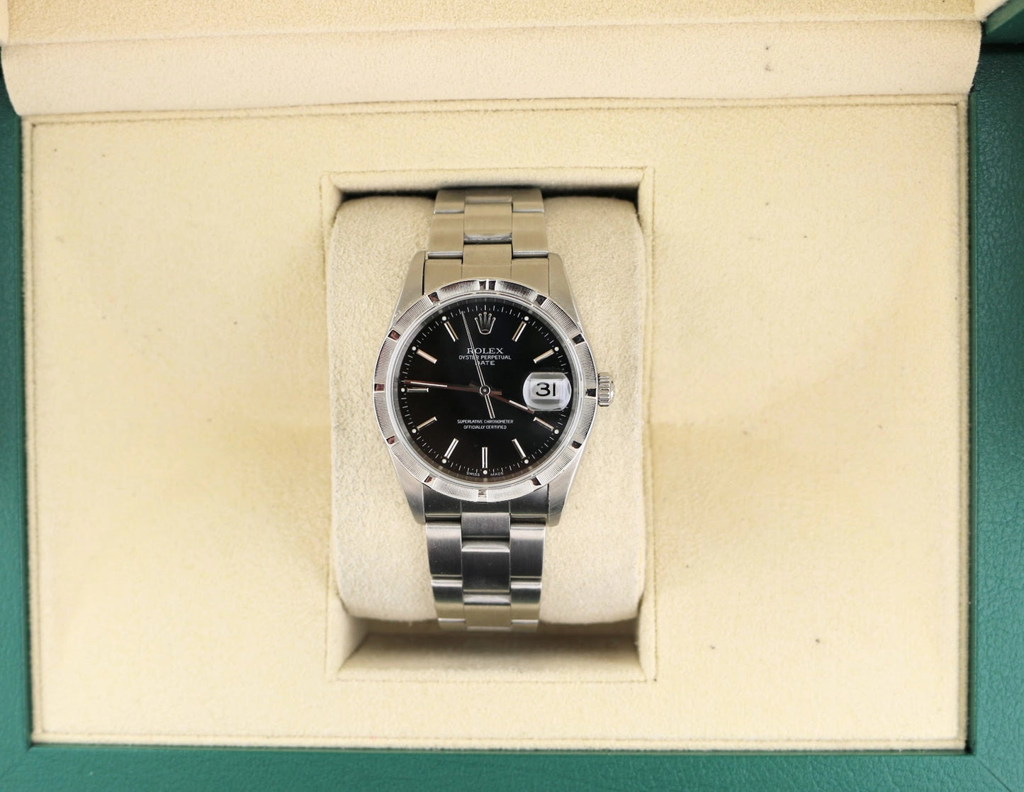 2007 Rolex Date 15210 Engine Turned Black Dial SS Oyster No Papers 34mm