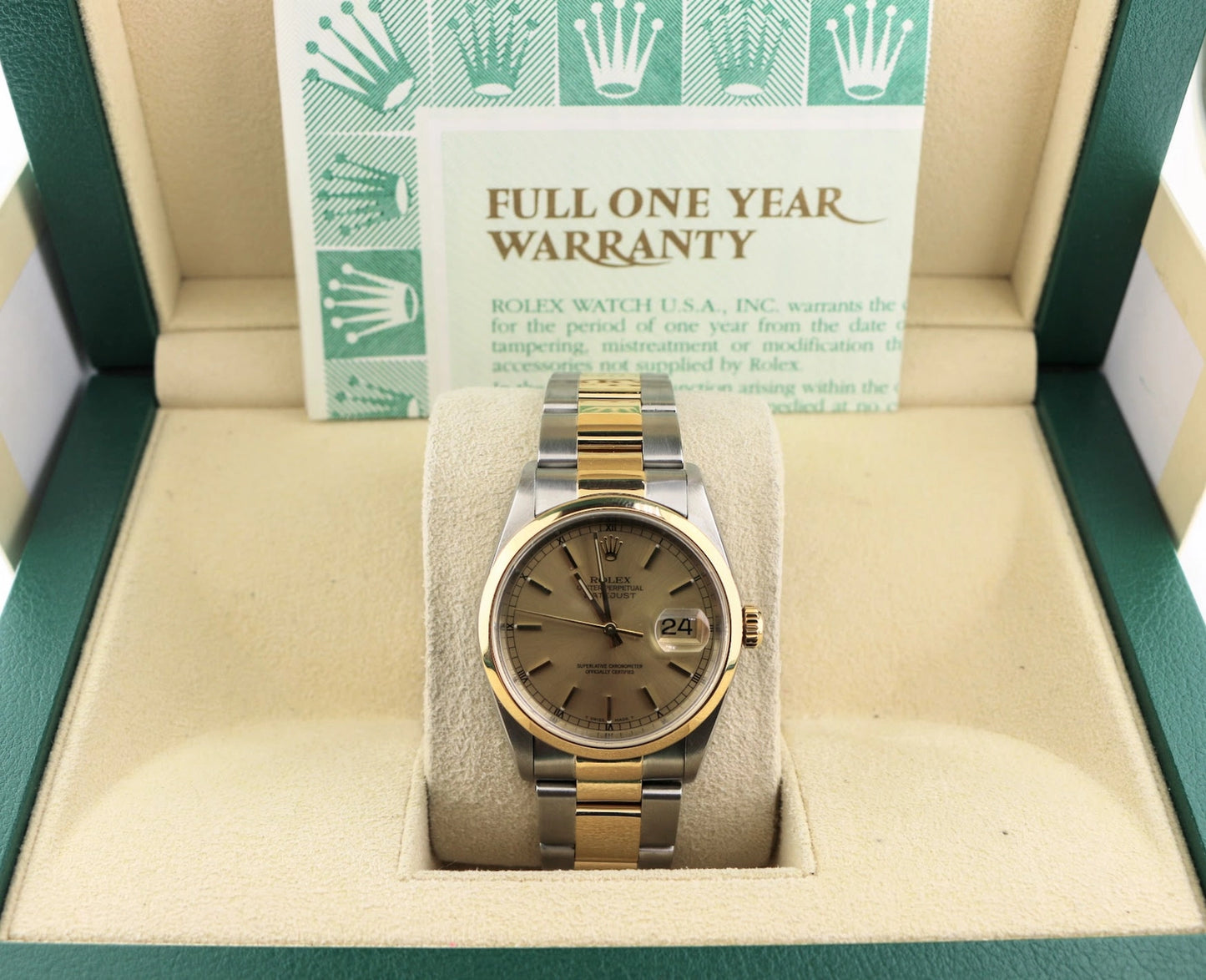 Rolex Datejust 16203 Champagne Stick Dial TT 18kt Oyster With Open Papers 36mm