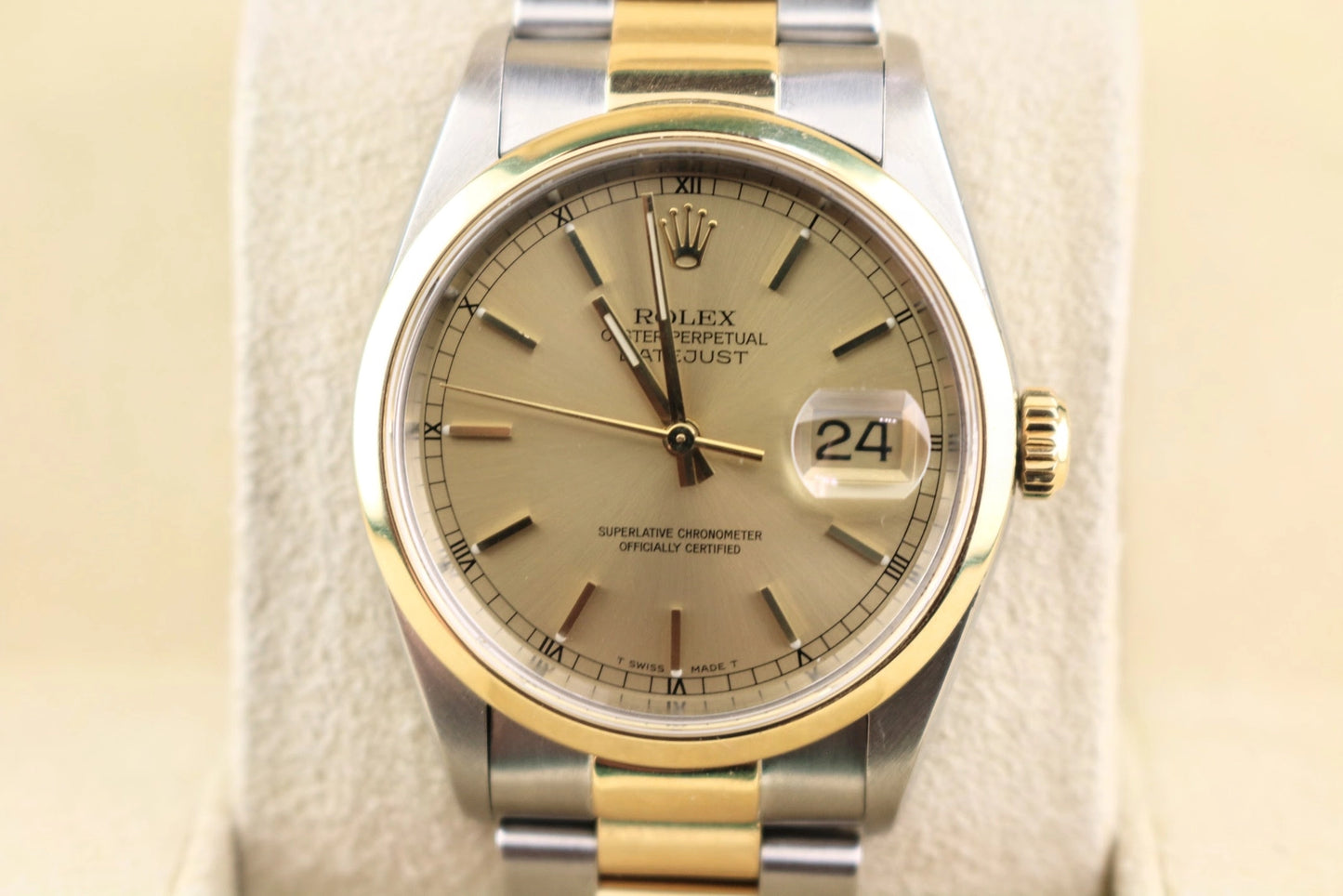 Rolex Datejust 16203 Champagne Stick Dial TT 18kt Oyster With Open Papers 36mm