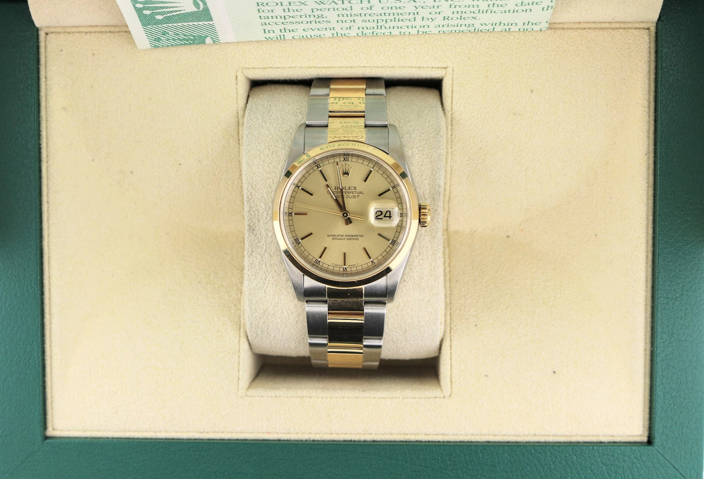 Rolex Datejust 16203 Champagne Stick Dial TT 18kt Oyster With Open Papers 36mm