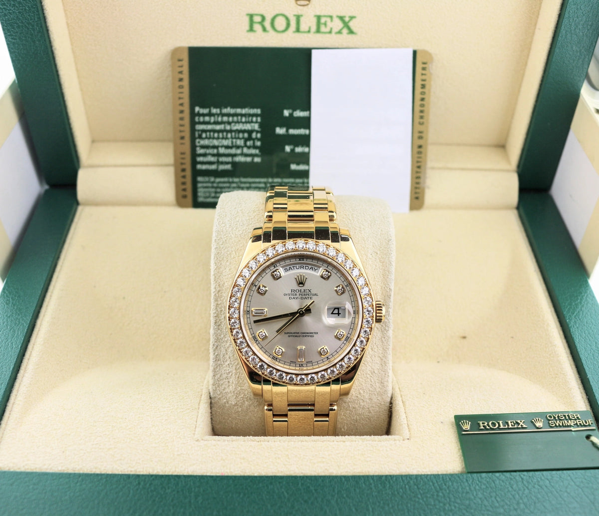 Rolex Day-Date 18948 Silver Diamond Dial 18kt Pearlmaster With Open Papers 39mm