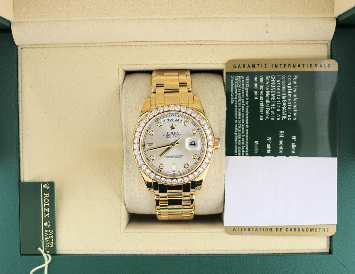 Rolex Day-Date 18948 Silver Diamond Dial 18kt Pearlmaster With Open Papers 39mm
