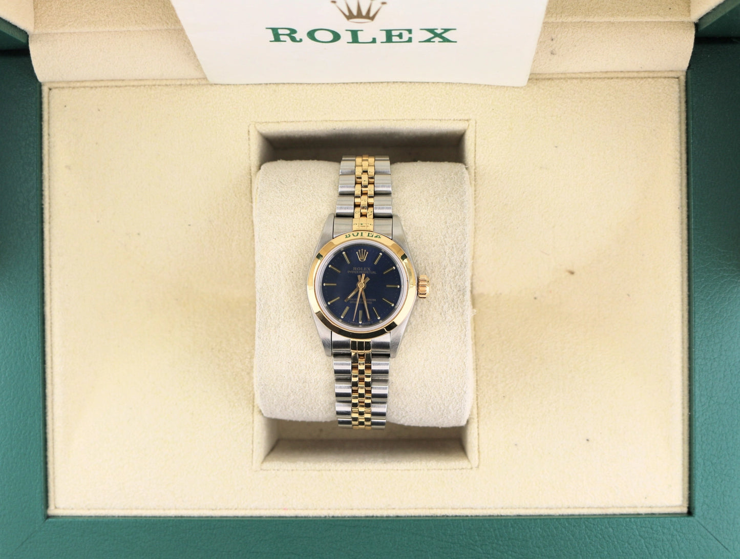 1996 Rolex Ladies Oyster Perpetual 67183 Blue Dial TT Jubilee With Papers 24mm