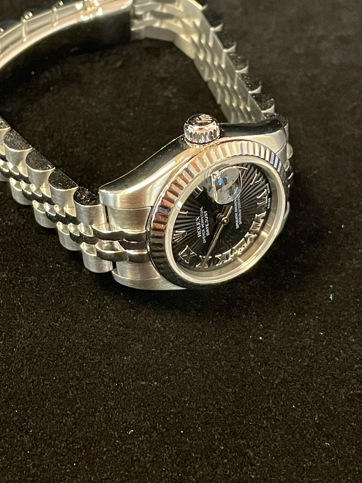 2006 Rolex Ladies Datejust 179174 Black Concentric Arabic Dial SS Jubilee 26mm