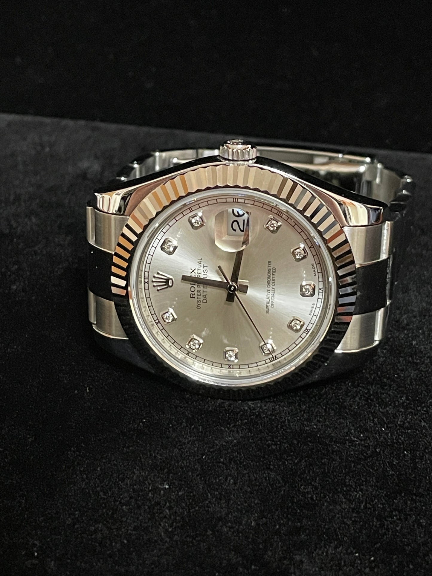 2010 Rolex Datejust 116334 Silver Diamond Dial 18kt Fluted Bezel SS Oyster 41mm